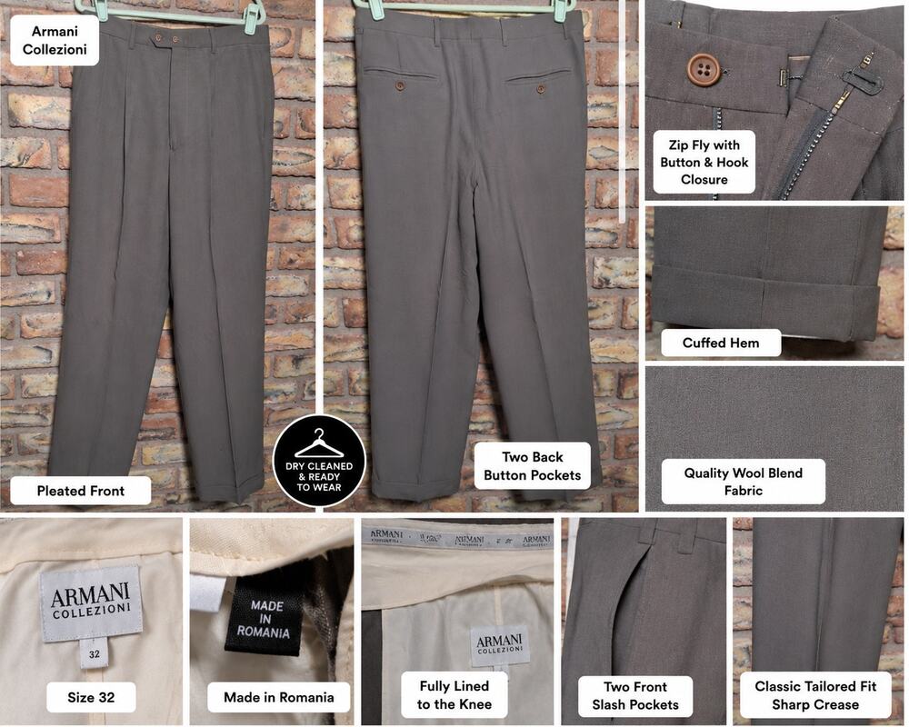 Armani Collezioni Mens Dress Pants Light Brown Size 32 Pleated Cuffed Wool Blend